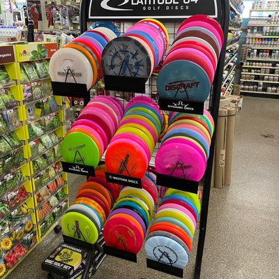 One double sided rack with trilogy, Innova, discmania, and Discraft Saw a couple mvp discs as well